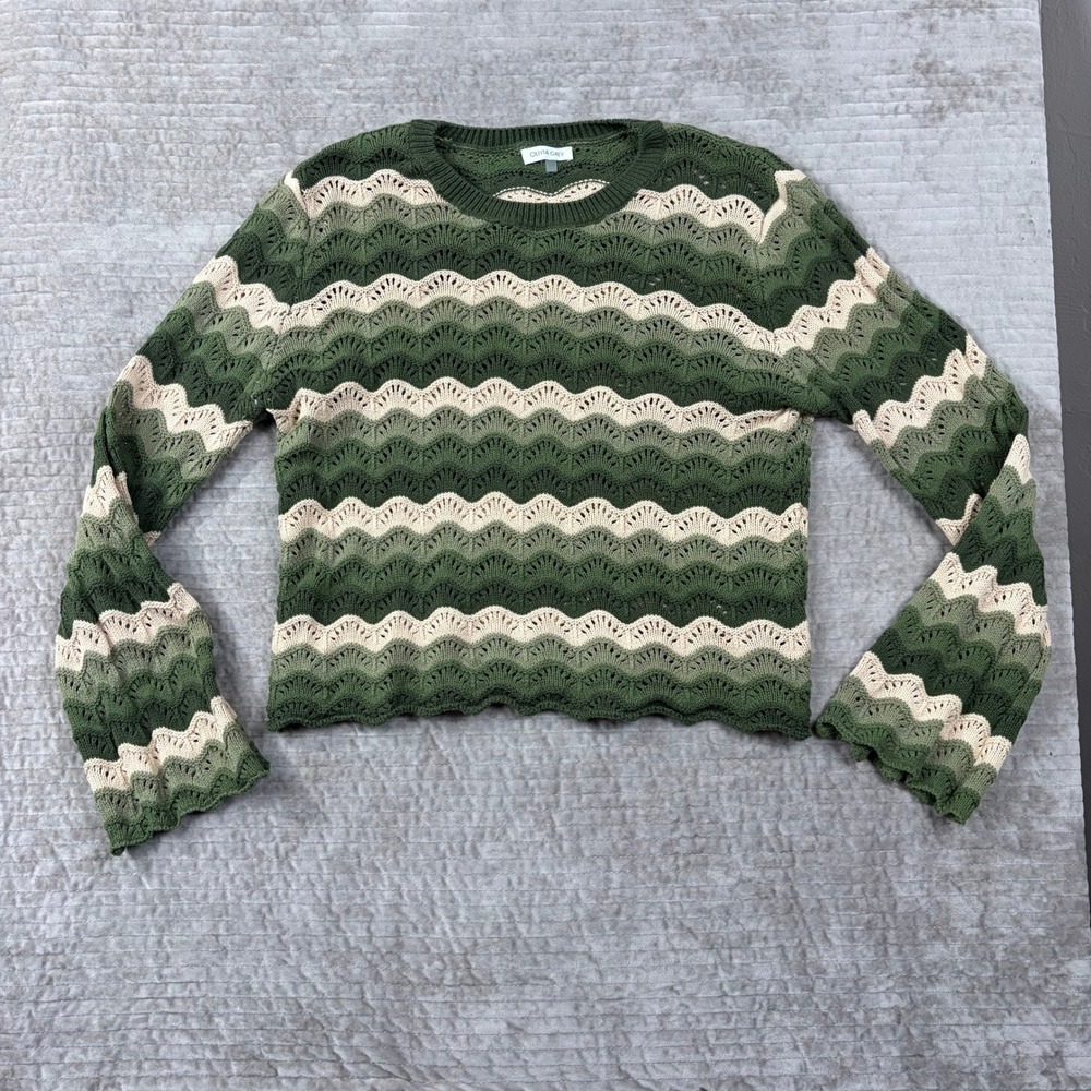 Olivia Grey Green Chevron Wave Pointelle‎ Knit Sweater SWT8483G Womens Large